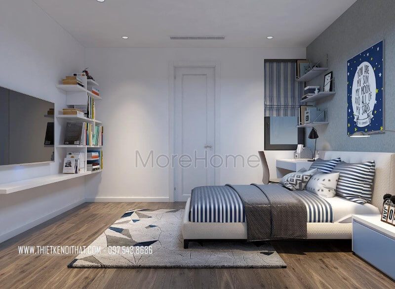 Bức tường đầu giường gia chủ lựa chọn giấy dán tường màu xanh xám để hài hòa lại ánh sáng của căn phòng cùng bức tranh tranh trí nhẹ nhàng làm điểm nhấn cho căn phòng