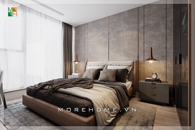 Mẫu giấy dán tường đầu giường tông màu xám, là tông màu không bao giờ lỗi mốt, mang đến sự sang trọng, cao cấp cho không gian sử dụng tông màu này