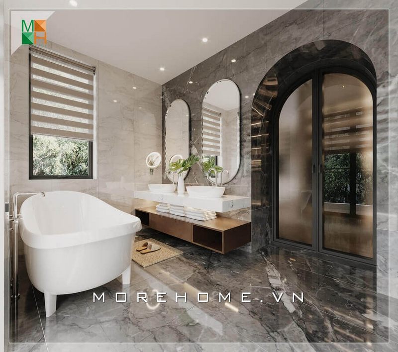 Không gian phòng tắm được biểu lộ sự sang trọng qua đá lát sàn và ốp tường vân mây cao cấp.